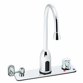 Speakman S-9129 - Battery powered slim gooseneck faucet. Above-counter hot/cold mixer with built-in check valves, adjustable temperature limit stop. Solenoid with built-in filter. Electronics housed above counter. All brass body and spout. Uses two (2) 3